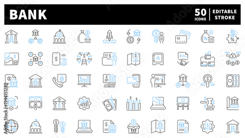 Banking and finance editable line icons set. money and investment graphics