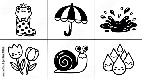 Cute cartoon frog in polka dot rain boot with umbrella splash snail and smiling water drops with tulip flowers vector icons