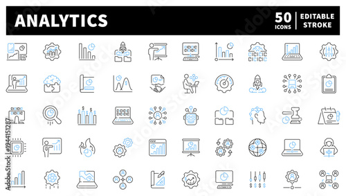 Analytics editable line icons set: linear style with data and report symbols