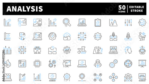 Data analysis editable line icons set: linear and statistical symbols