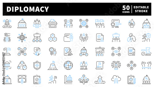 Diplomacy editable line icons set: international relations and global symbols