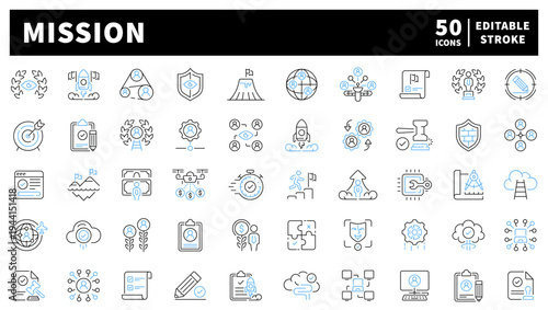 Mission and goals editable line icons set. achievement and success symbols