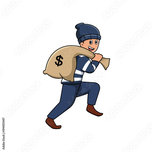 Cartoon Thief Running with Stolen Money Bag Illustration