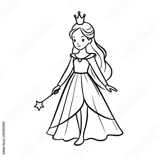 Dibujo sencillo con líneas de una niña de pie vestida con un disfraz de hada, con corona de princesa y varita mágica 