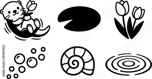 Cute otter holding a tulip flower floating with bubbles and lily pad snail shell ripple water vector icons