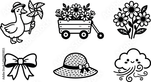 Cute duck holding pinwheel with garden wagon full of flowers floral bouquet straw hat and windy cloud vector line art set