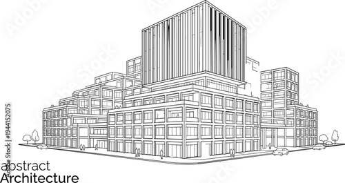 Professional architectural sketch of a tiered modular office complex featuring a cantilevered upper volume, rooftop gardens, and modern glass facades at an urban corner.