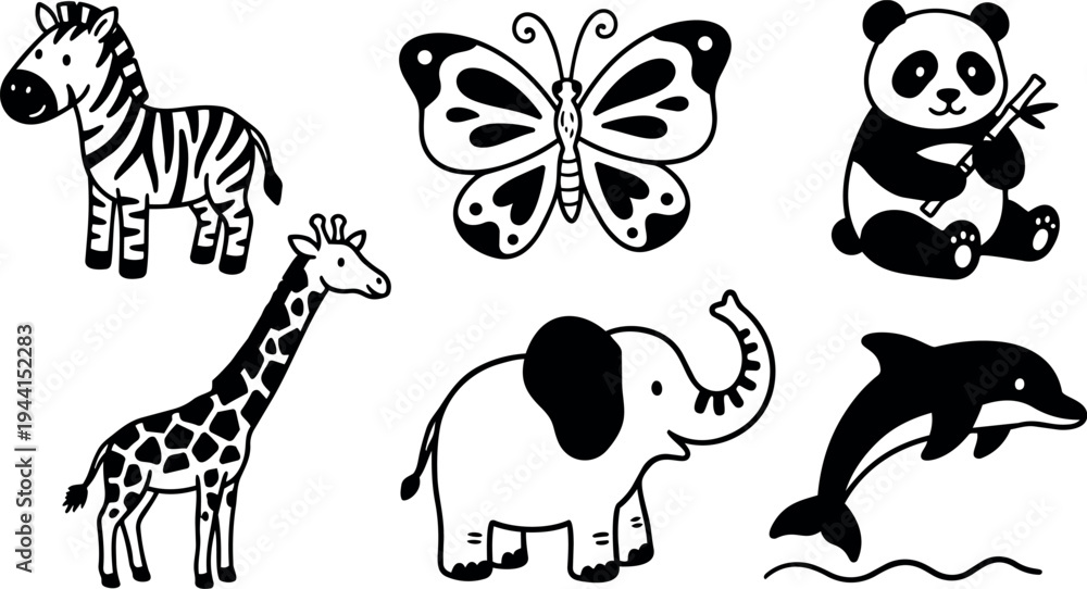 Fototapeta premium Black and white cute cartoon animals including zebra giraffe elephant panda dolphin and butterfly vector art set