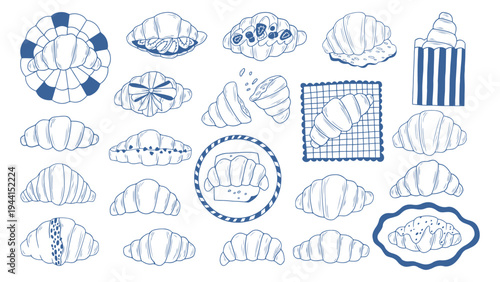 Croissants vector set and french pastry. Blue line art hand drawn minimalist illustration of croissants with chocolate, berries, bows for bakery menu, cafe branding, kitchen decor design