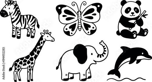Black and white cute cartoon animals including zebra giraffe elephant panda dolphin and butterfly vector art set