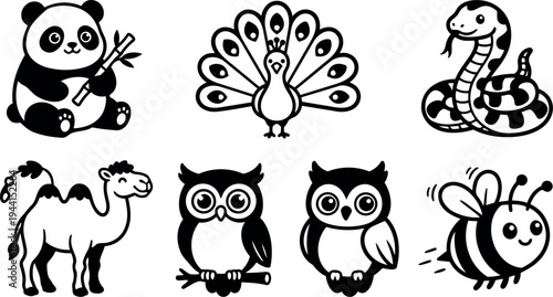 Cute black and white vector animal cartoon set featuring panda holding bamboo and peacock with spread tail feathers