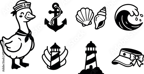 Black and white nautical themed vector icons featuring sailor duck anchor seashell wave lighthouse and sailor hat design elements