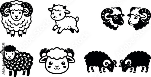 Cute fluffy ram and lamb faces and full body black and white cartoon style vector illustration set of playful farm sheep adorable animal expressions and poses