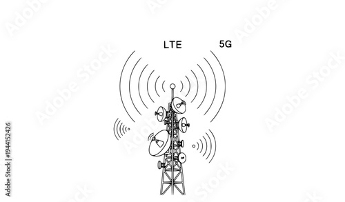 Telecommunication tower with wireless network signals 5G LTE transmitter vector design