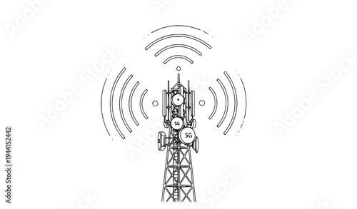 5G telecommunication antenna mast with wireless signal waves technology vector illustration