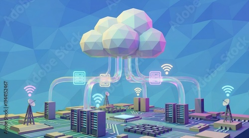 Cloud computing, a digital cloud graphic of server, data storage, and network