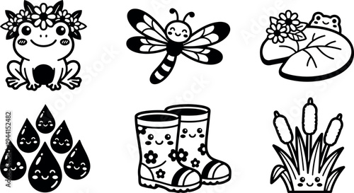 Cute smiling frog with flower crown happy water drop characters cheerful dragonfly flying pair of floral rubber boots joyful frog on lily pad vector art