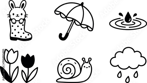 Cute bunny peeking from polka dot boot umbrella with scalloped edge raindrops cloud rainfall and smiling snail black line art vector set