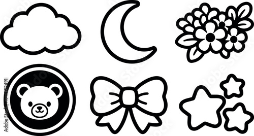 Black and white minimalist vector icons of cloud crescent moon teddy bear flower bouquet bow and stars set