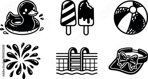 Black and white vector icons summer pool duck inflatable ring ice cream sticks beach ball hat with bow and water splash swim ladder