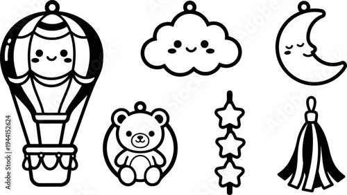 Cute line art vector set of smiling hot air balloon cloud moon teddy bear star garland and tassel charm icons