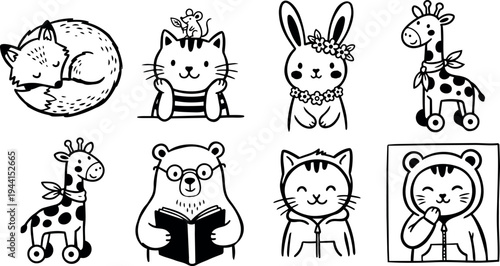 Cute black and white line art minimalistic animal characters including sleeping fox reading bear and cat with mouse vector illustration set