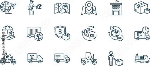 Global logistics delivery icon set, shipping transport symbols, warehouse cargo courier outline vector collection for supply chain design