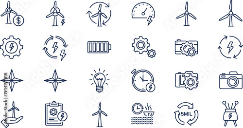 Wind turbine energy icons, renewable electricity symbols, green power technology, battery storage, efficiency gauge, sustainable vector outline collection