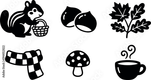 Black and white flat design collection of autumn icons including smiling chipmunk holding basket chestnuts maple leaves scarf mushroom and steaming cup