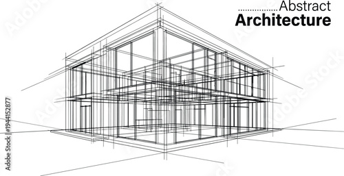 Professional architectural transparent wireframe of a modern two-story residential house with skeletal structural lines and blueprint details