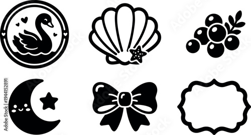 Minimalist black icons set with swan bird shell starfish berry moon bow and ornamental frame vector art