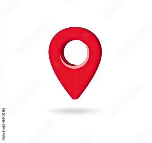 A 3D rendered red location pin icon with a shadow on a white background