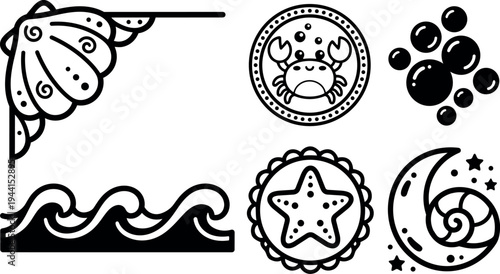 Black and white vector marine icons including crab starfish waves shell and bubbles in simple line art style