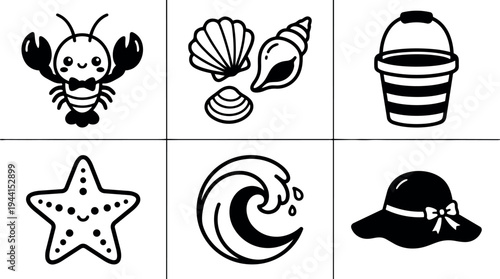 Cute vector icons of smiling lobster wearing bow tie seashells starfish ocean wave bucket and sun hat in simple black line art design
