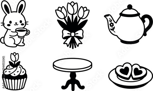 Cute bunny holding teacup with bouquet of tulips teapot cupcake heart shaped cookies and round table vector icons in minimalist black and white style