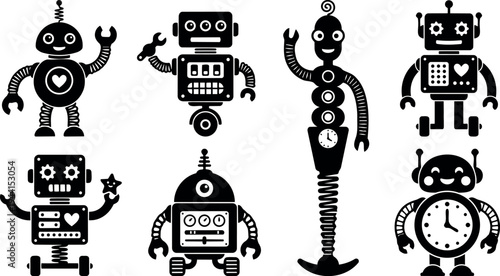 Collection of black silhouette robots with clocks hearts gears and antennas waving arms in flat design vector style