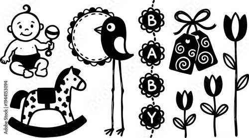 Black and white line art vector baby sitting with rattle rocking horse tall bird floral elements and baby tags set