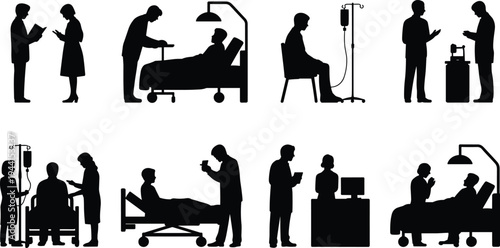 Black silhouette illustration of doctors, nurses, and patients in hospital scenes showing medical treatment, diagnosis, patient care, and healthcare communication