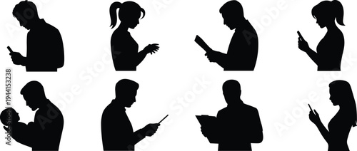 Black silhouette illustration of diverse people using smartphones, tablets, reading books, parenting, modern lifestyle technology and communication behaviors