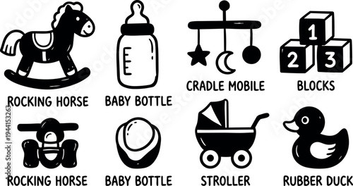 Black and white vector icons of rocking horse baby bottle cradle mobile blocks stroller and rubber duck toy set