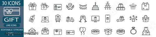Gift box and celebration outline icon set featuring birthday cake and surprise present for holiday rewards and more vector illustration or editable stroke