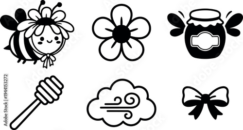Cute smiling bee with flower headband and honey jar icon set in simple flat vector design style on white background