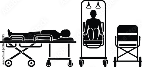 Black silhouette illustration of medical patient transport equipment including stretcher, hospital bed, transfer chair, and foldable wheelchair devices