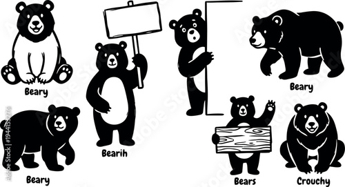 Black and white flat design cute bears in various poses holding signs peeking sitting and waving vector art illustration set