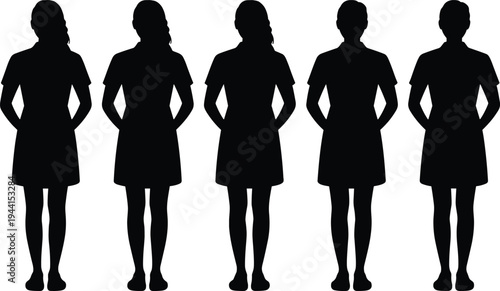 Black silhouette illustration of five identical women standing side by side with hands behind back, showing symmetry, uniformity, and identity