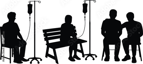 Black silhouette illustration of patients receiving intravenous therapy with IV drip stands, showing medical treatment, support, and healthcare companionship