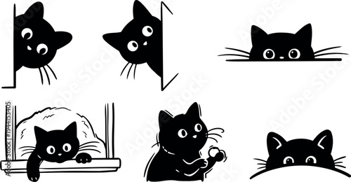 Minimalist black silhouette cats peeking hiding playing looking curious vector art collection with cute expression set