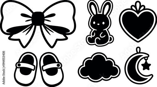 Simple black and white vector icons with bow rabbit heart shoes cloud and moon with star silhouette design set