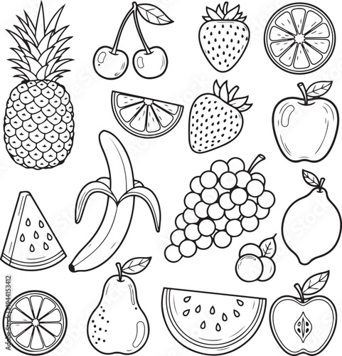 Black and white line collection of various fruits including pineapple apple banana cherries strawberries grapes oranges lemon and watermelon slices