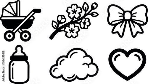 Minimalist black line art baby stroller bottle flower bow cloud and heart icons set vector illustration